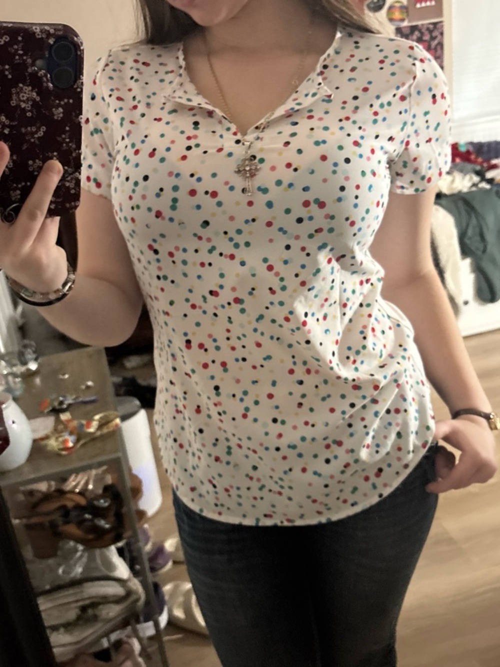 Van heusen polka dot top with triangle neckline cutout